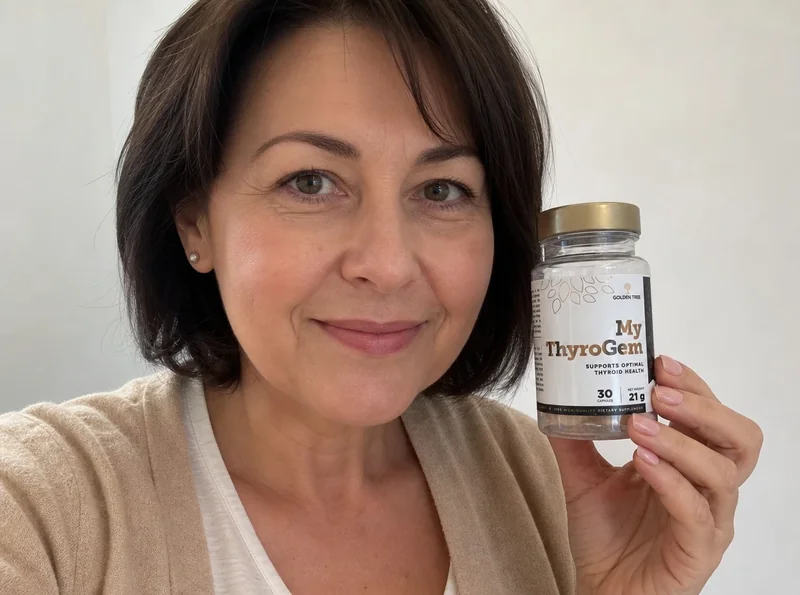 Middle-aged woman holding ThyroGem in selfie
