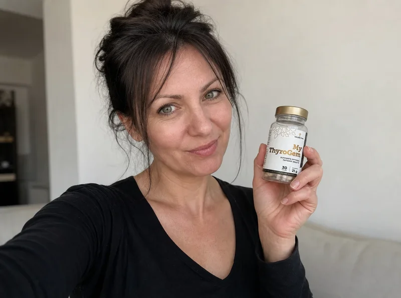 Woman aged 39 holding ThyroGem bottle