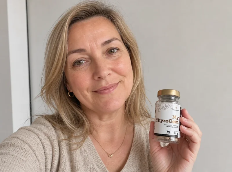 Woman aged 47 holding ThyroGem bottle