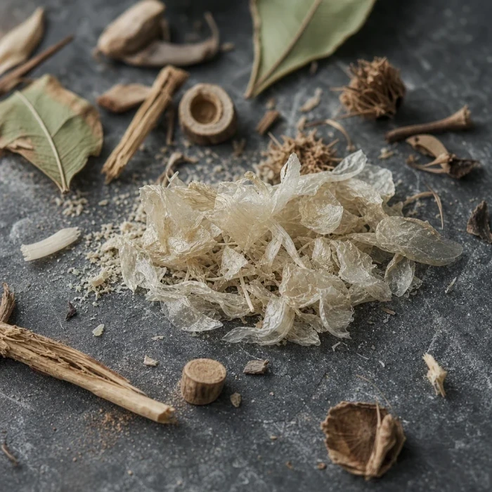 Botanical stem tissue fragments on dark slate