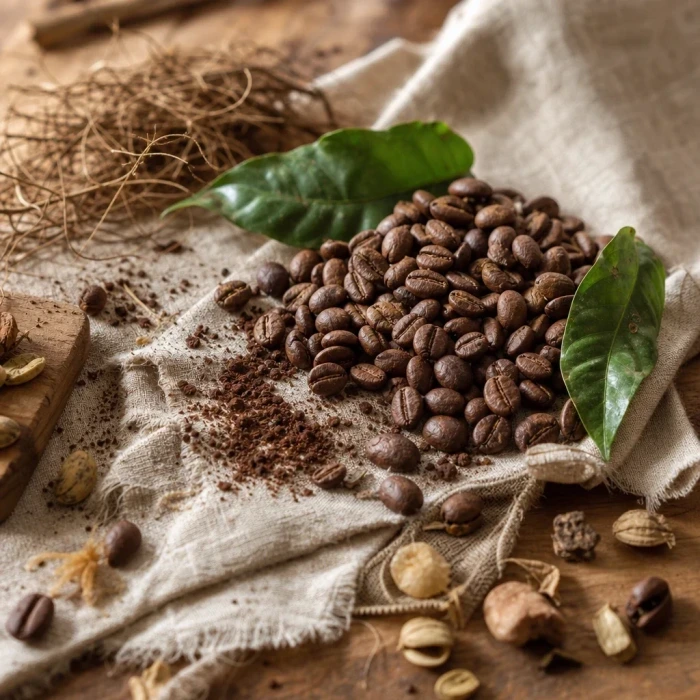 Coffee beans on linen apothecary table