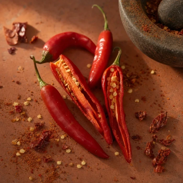 Red chilli peppers on terracotta surface