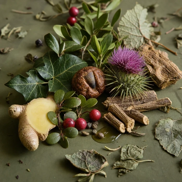 Mixed botanical drainage herbs on olive board