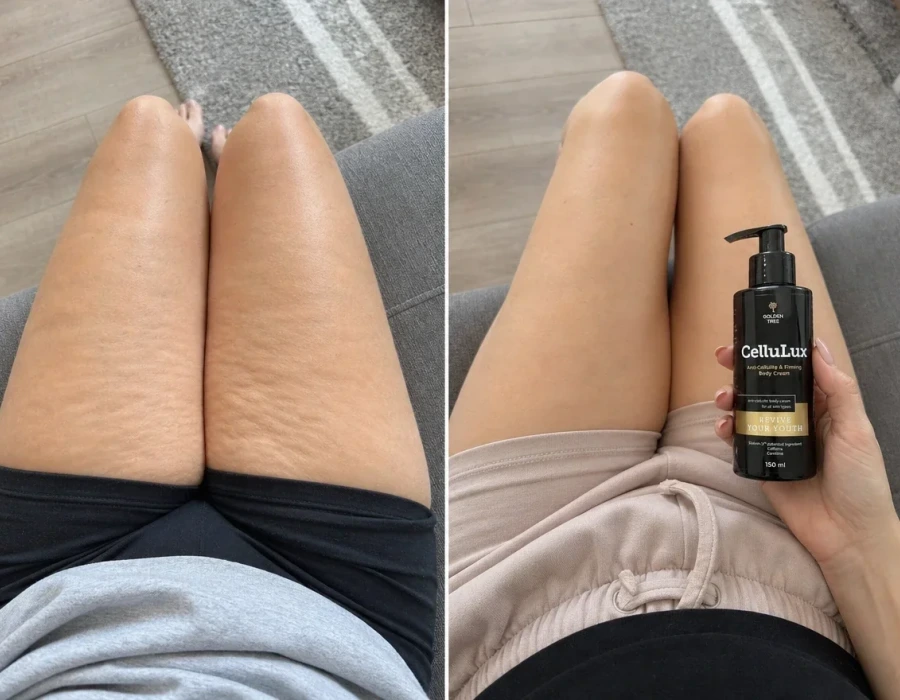 Before-after cellulite thighs POV couch shot