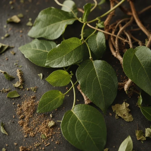 Gymnema sylvestre leaves on matte slate