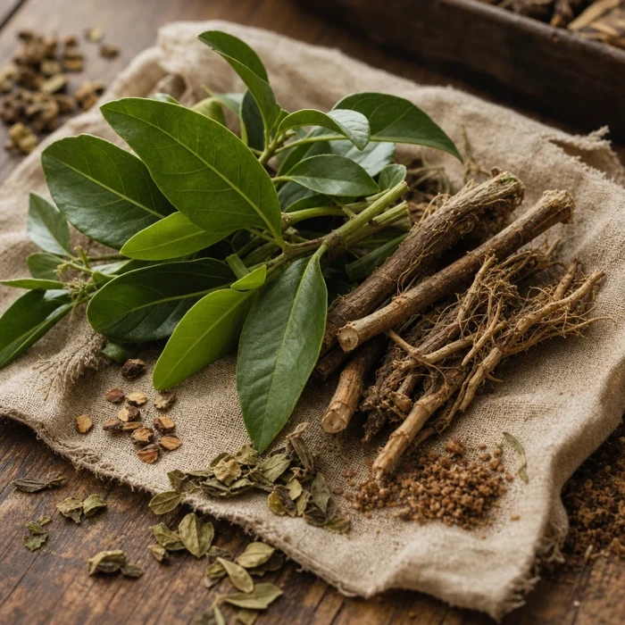Gymnema sylvestre leaves on linen wood