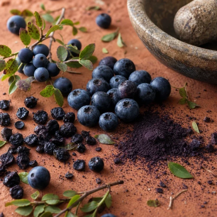 Bilberries on terracotta with mortar