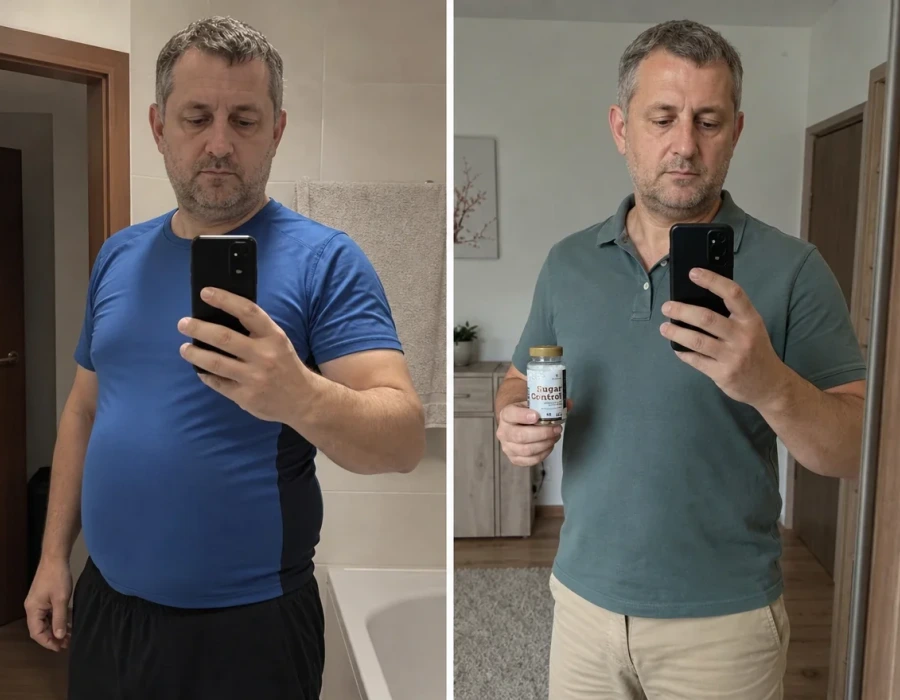 Man mirror selfies before and after bloating