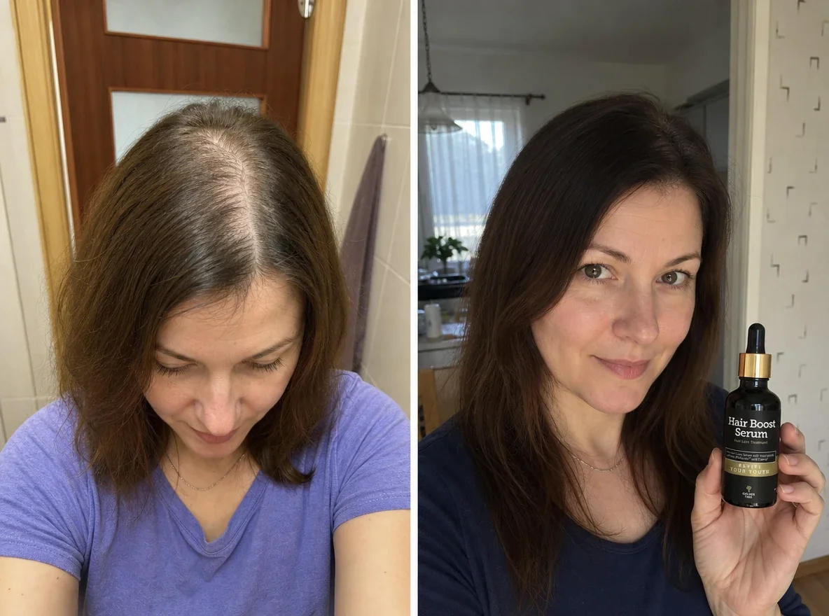Woman at home with fuller hair holding