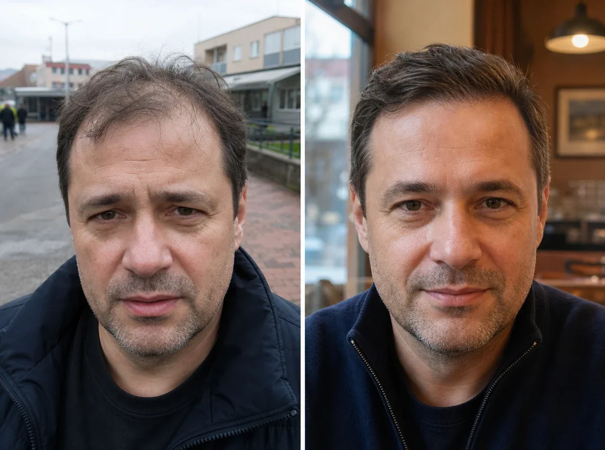 Man before and after scalp serum use
