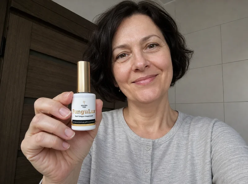 Woman at home holding small nail product