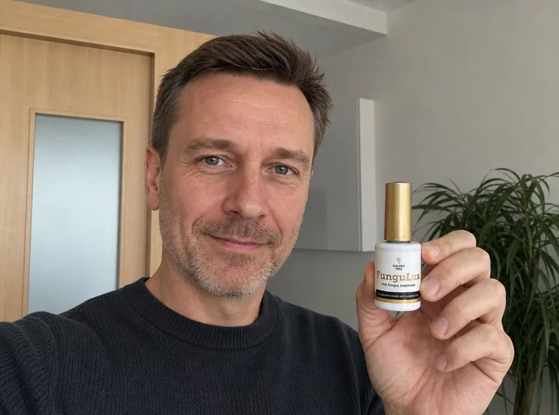 Man at home holding small nail product