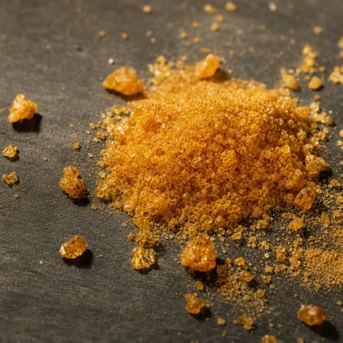 Golden CoQ10 crystals on dark slate