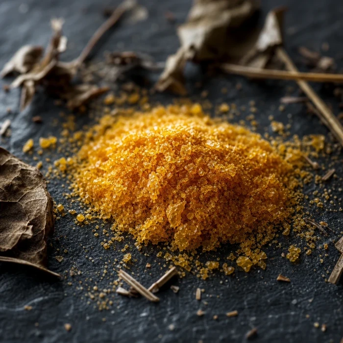 CoQ10 golden powder on dark slate