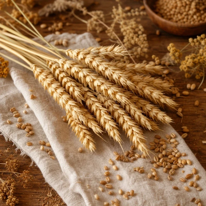 Wheat germ and seeds on linen wood