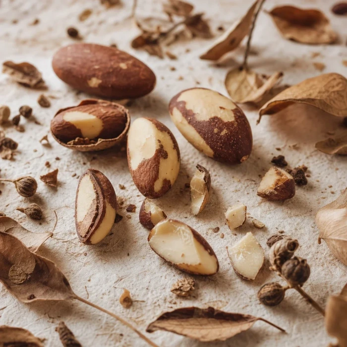 Brazil nuts on handmade paper with seed