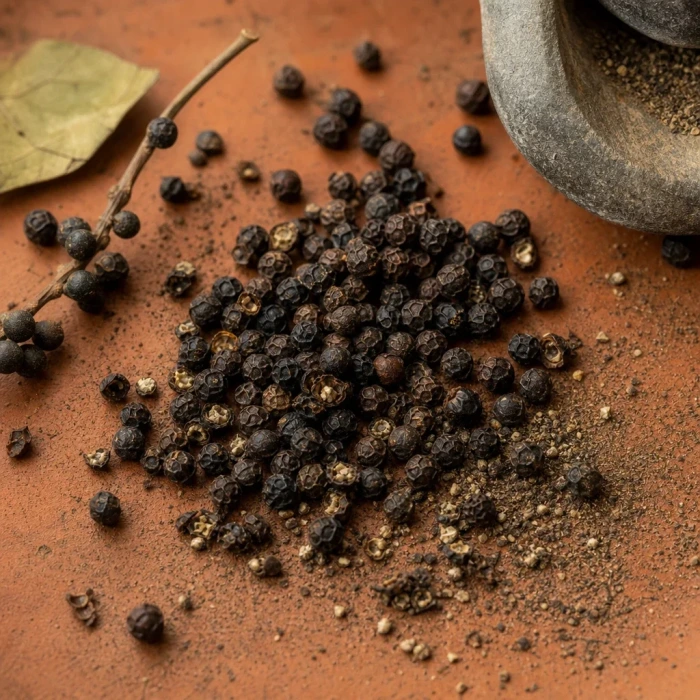 Black peppercorns on terracotta with mortar