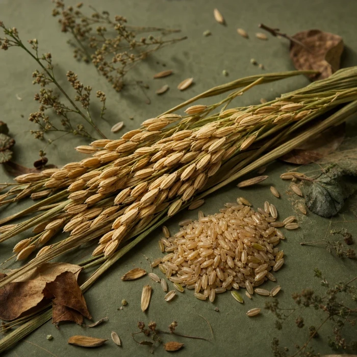 Brown rice grains on muted olive board