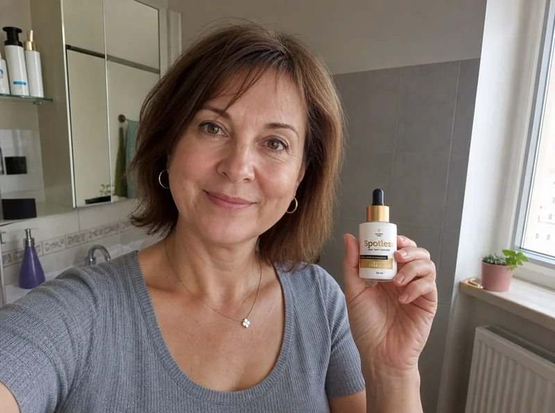 Middle-aged woman holding dropper bottle indoors