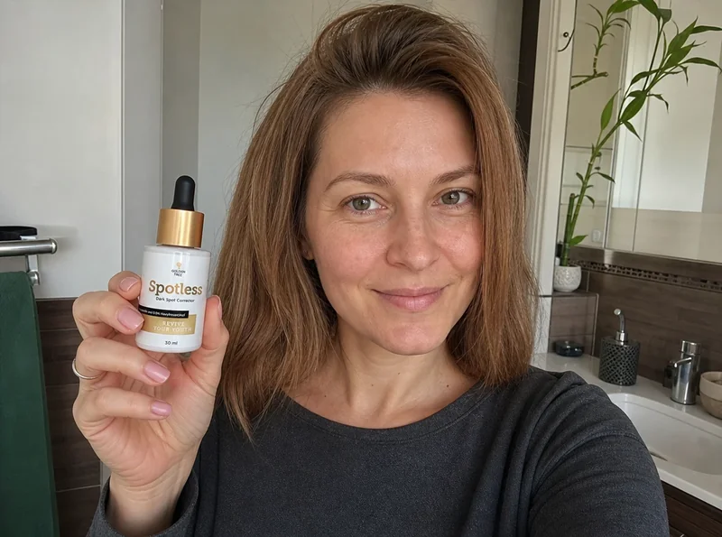 Young woman holding skincare dropper at home