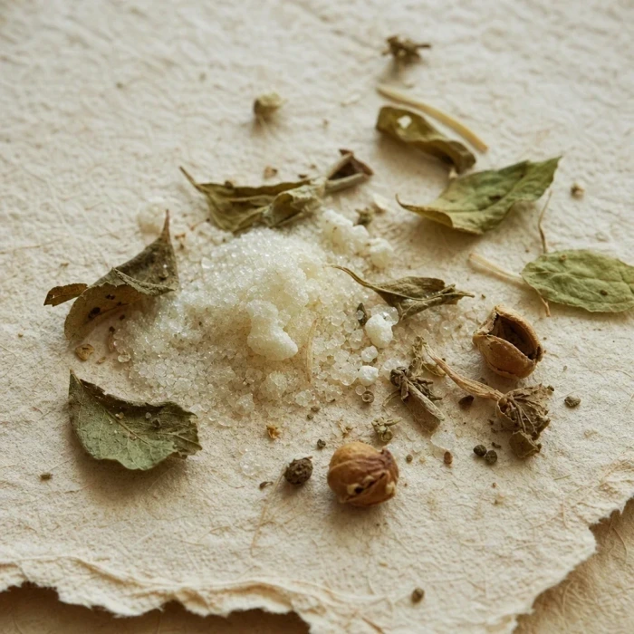 Resorcinol powder and botanicals on paper