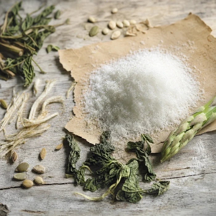 Glutathione crystals and botanicals on weathered wood