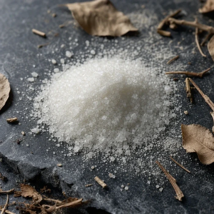 Gluconolactone crystals on dark slate stone