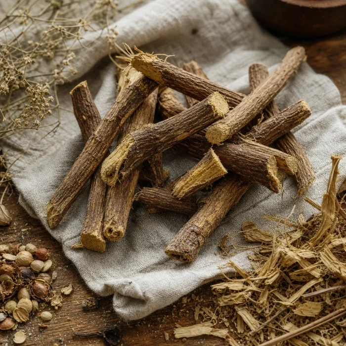 Dried licorice root on warm linen wood