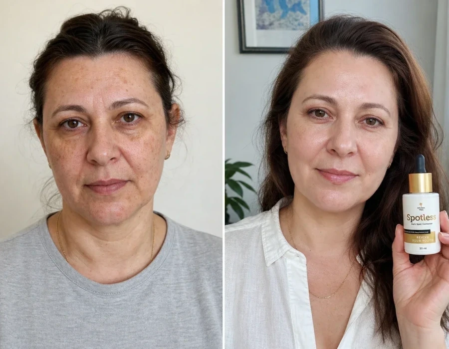 Before-after age spots faded woman holds dropper
