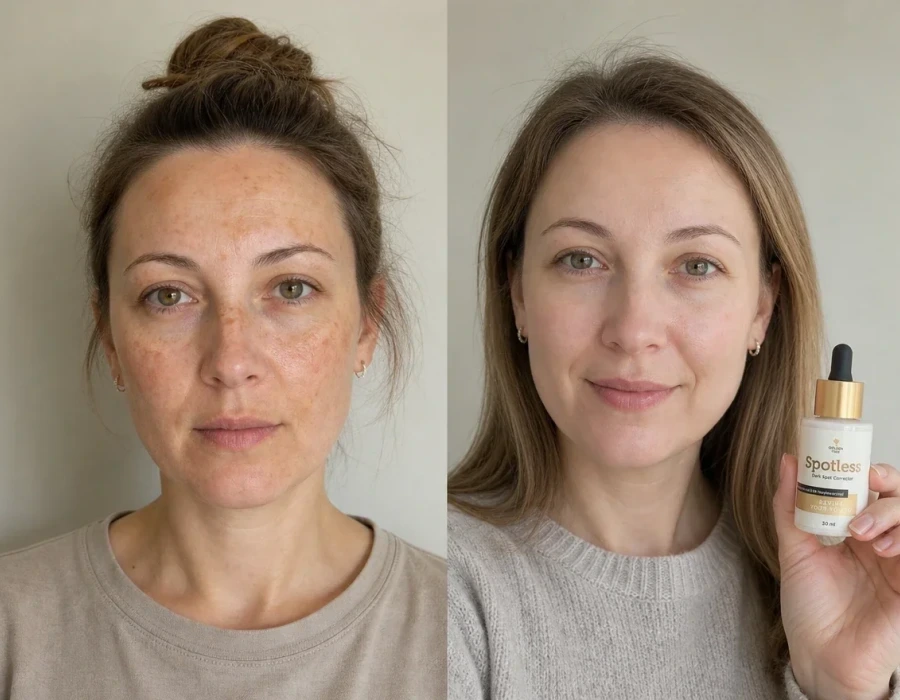 Woman with faded age spots holding dropper