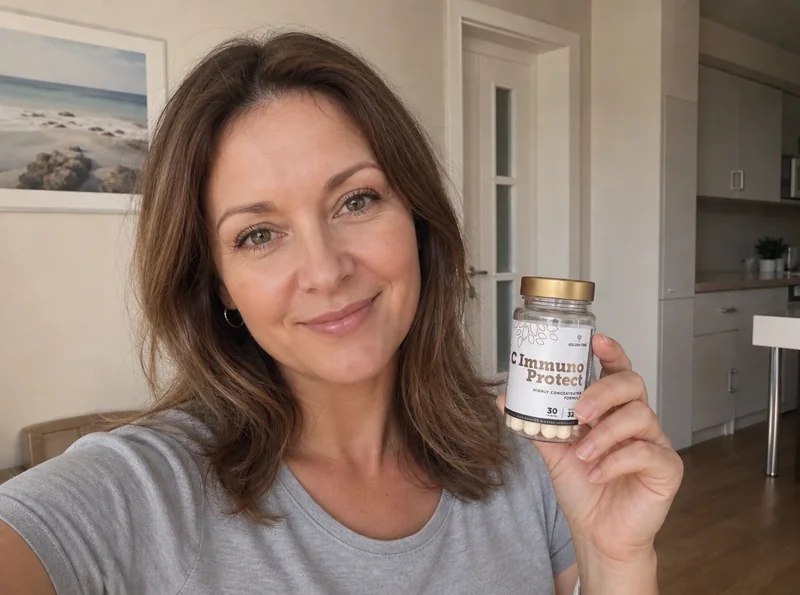 Woman holding C ImmunoProtect bottle at home