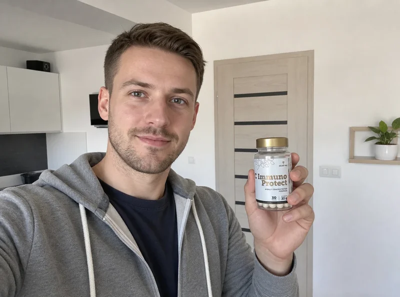Young man holding C ImmunoProtect bottle indoors