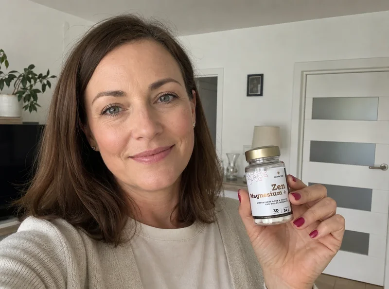 Woman at home selfie holding supplement