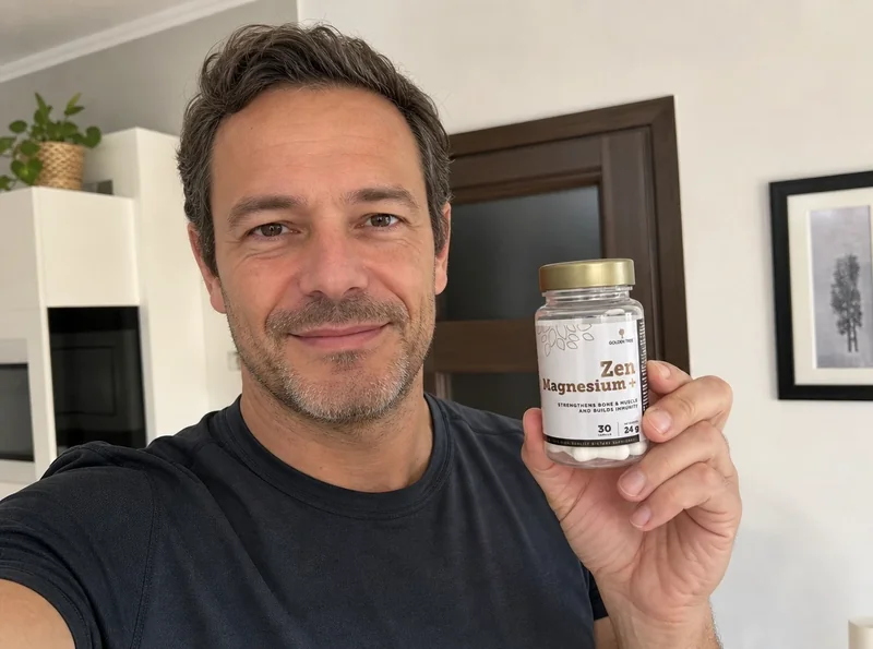Man at home holding magnesium supplement bottle