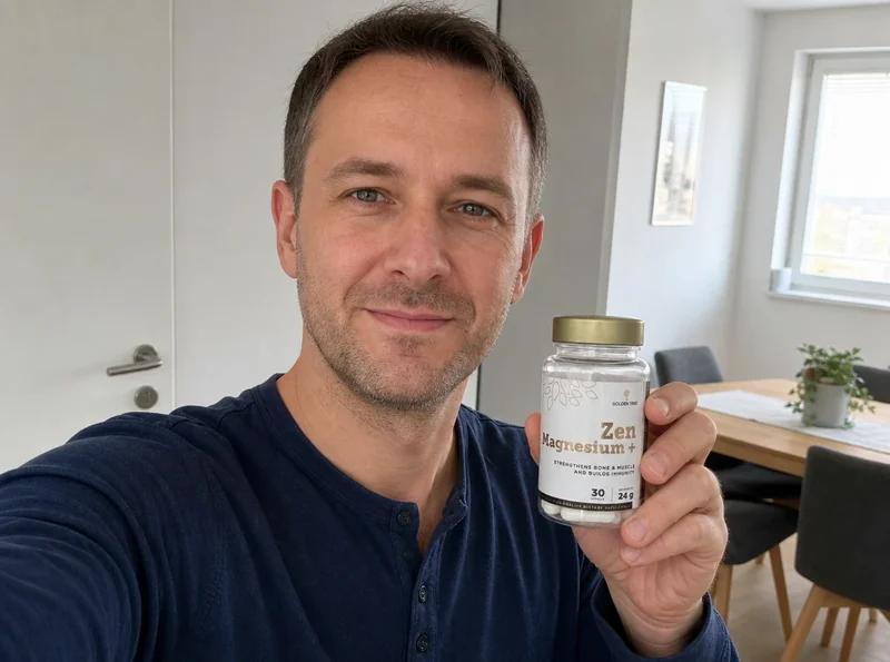 Man at home selfie with supplement bottle