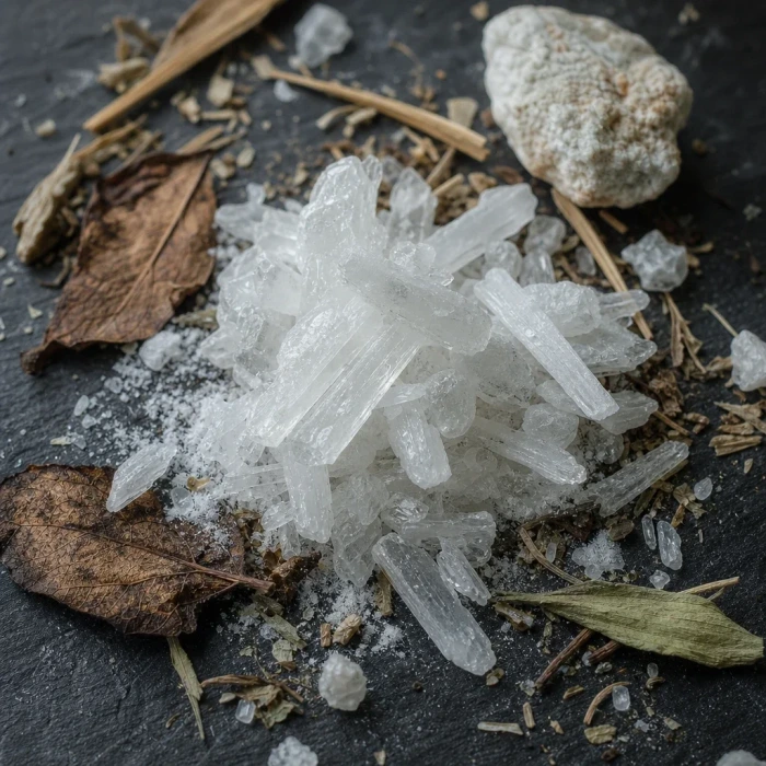 Magnesium citrate crystals on dark slate