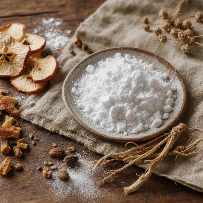Magnesium malate powder on linen wood