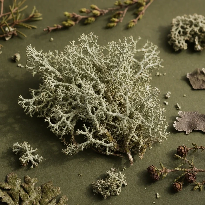 Cladonia lichen on olive green board