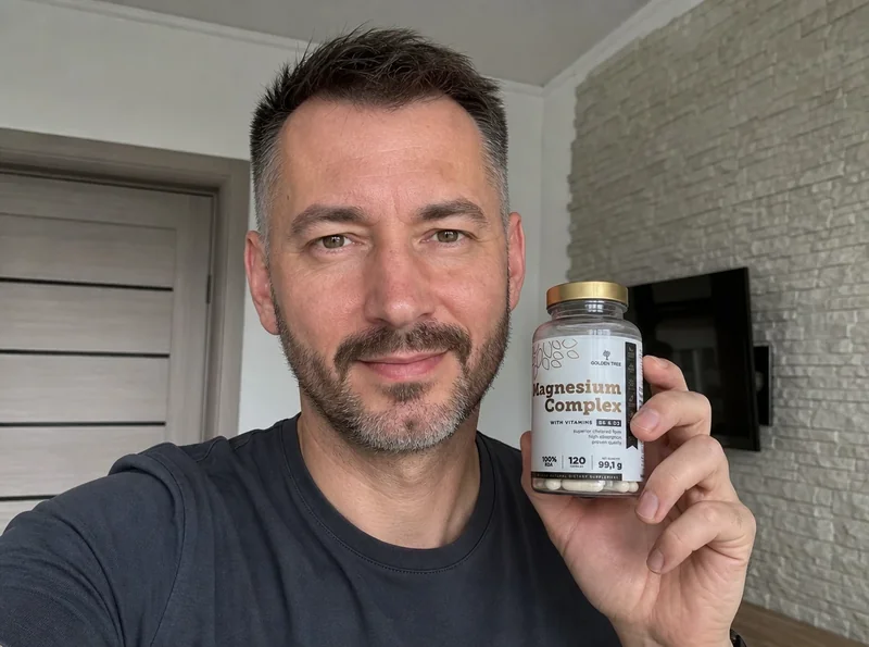 Man in kitchen holding magnesium supplement