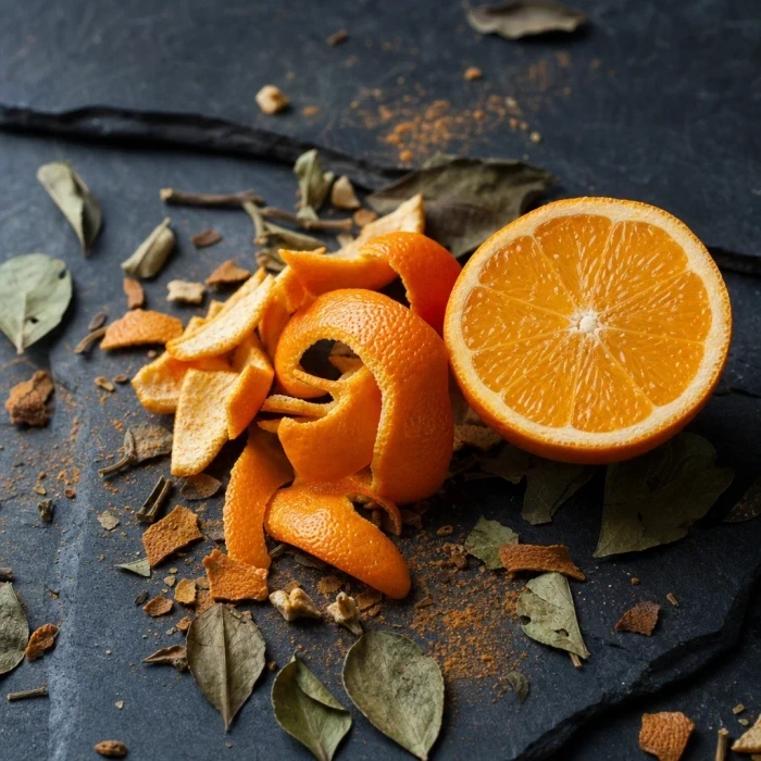 Orange peel and zest on dark slate