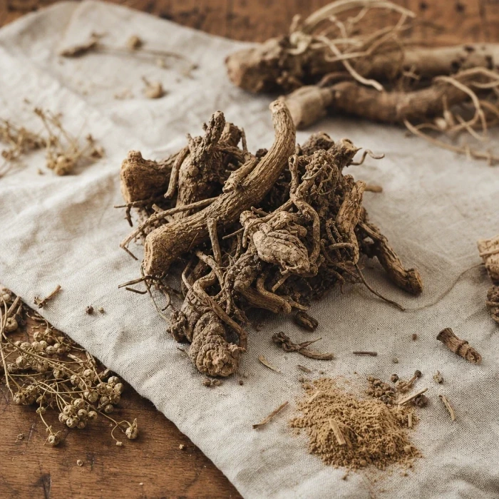 Dried valerian roots on linen and wood
