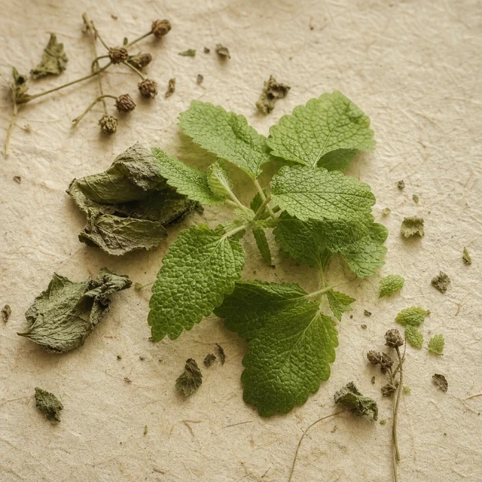 Fresh lemon balm leaves on handmade paper