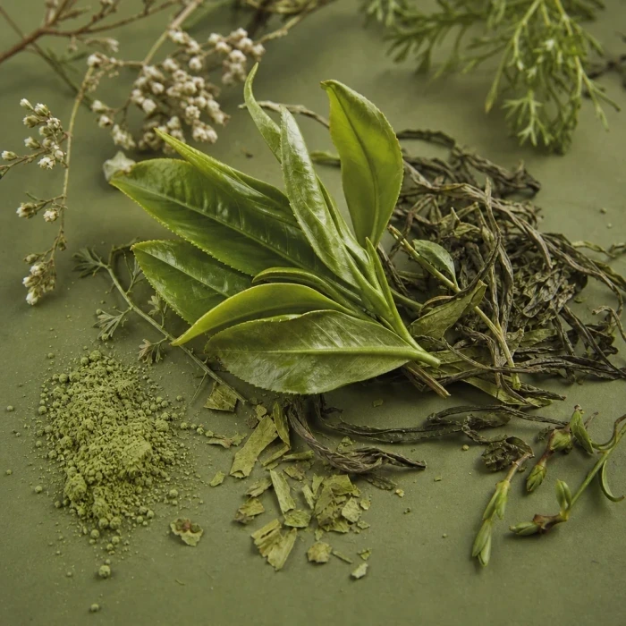 Green tea leaves on olive matte board