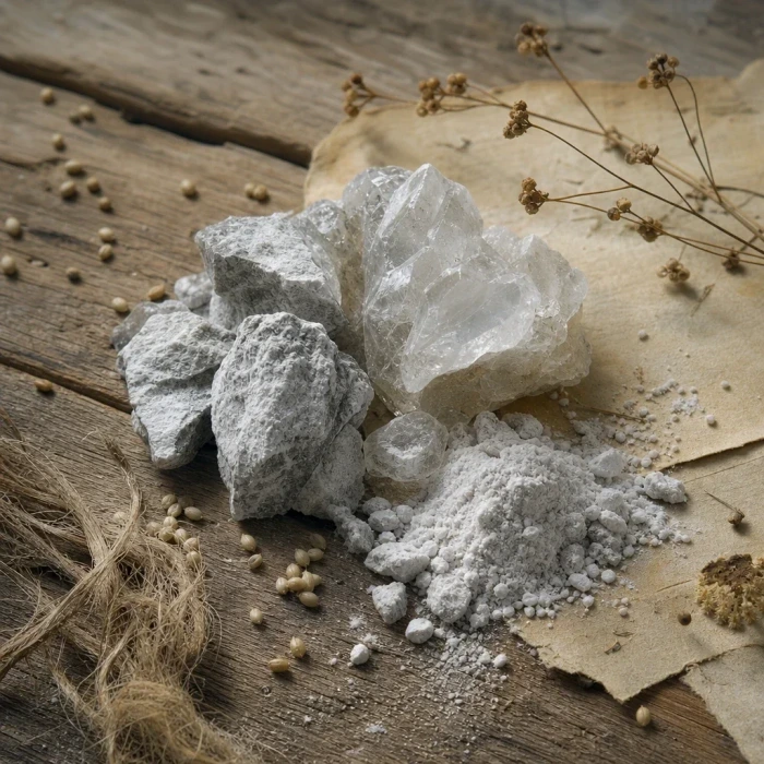 Mineral crystals and powder on weathered wood