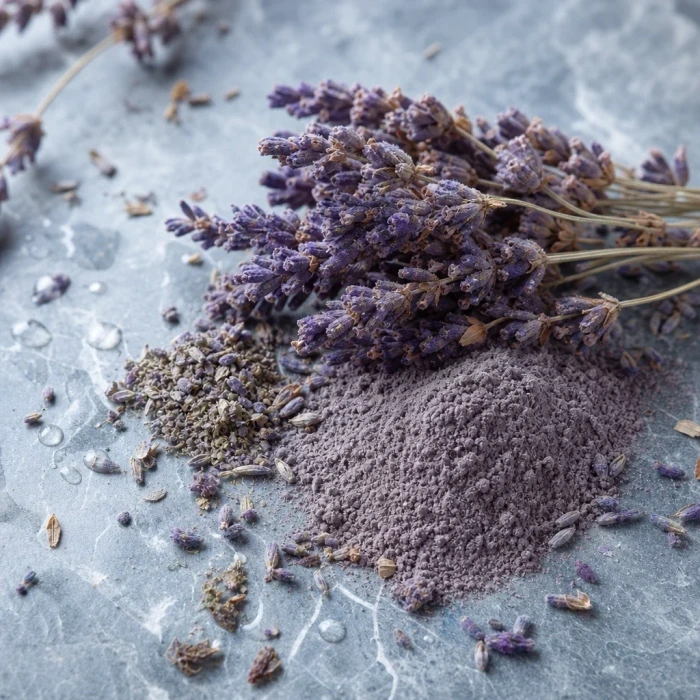 Dried lavender buds and powder on stone