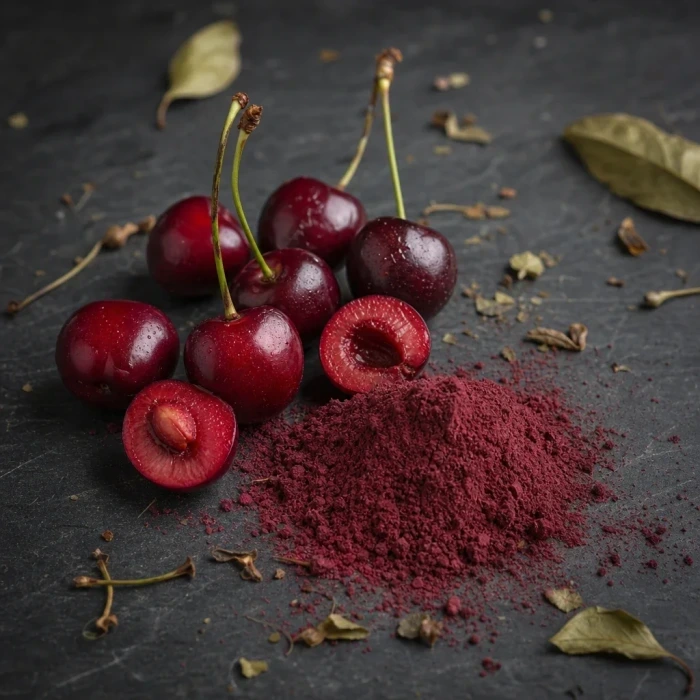 Sour cherries and ruby powder on slate