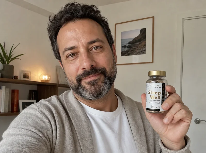 Man holding Sleep Well bottle in home