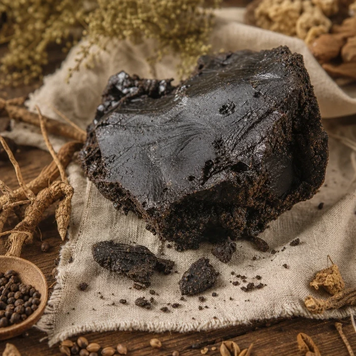 Shilajit resin on warm linen wood