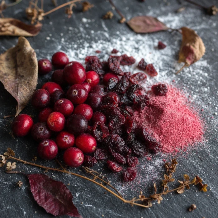 Cranberries and D-mannose powder on dark slate