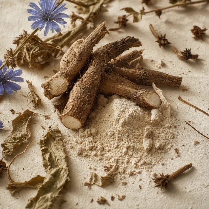 Chicory root pieces on handmade botanical paper
